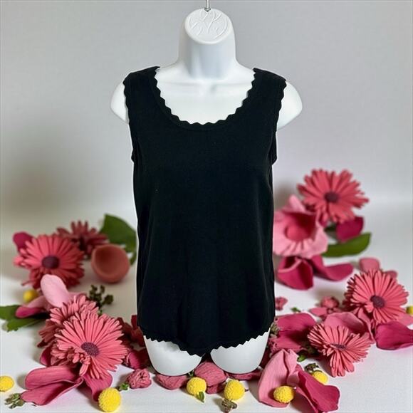 Isacc Mizahi Live Black Sleeveless Sweater Sz XXS Scalloped Trim Top Minimalist - Picture 1 of 7